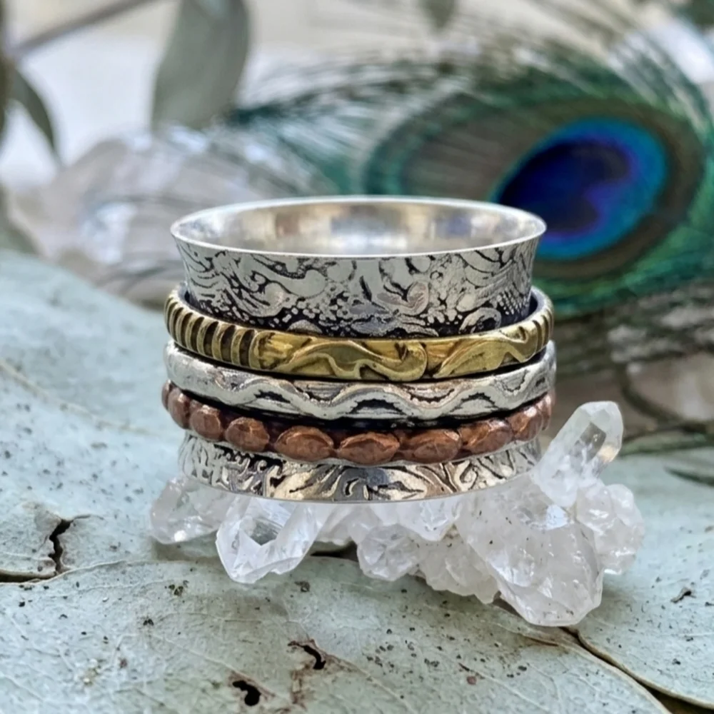 925 Sterling Silver Spinner Ring Brass Copper Mixed Metal Meditation Boho Sz 7.5